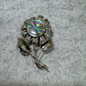 Vintage Silver Tone Flower Pin Brooch w/ Holographic Disc Center by Jewelarama
